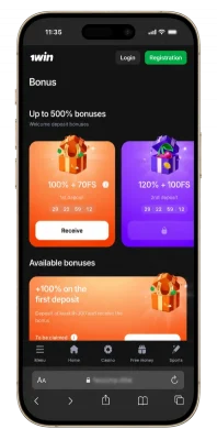 Screenshot of the 1win bonuses page.