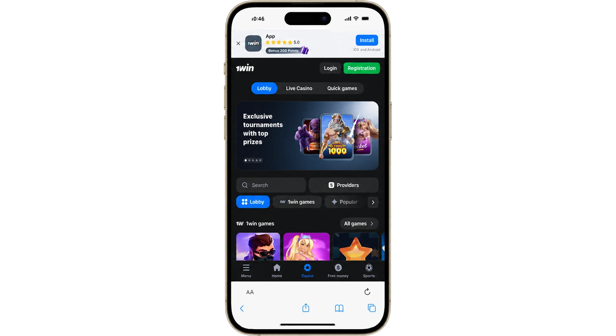 Install the official 1win app on iOS.